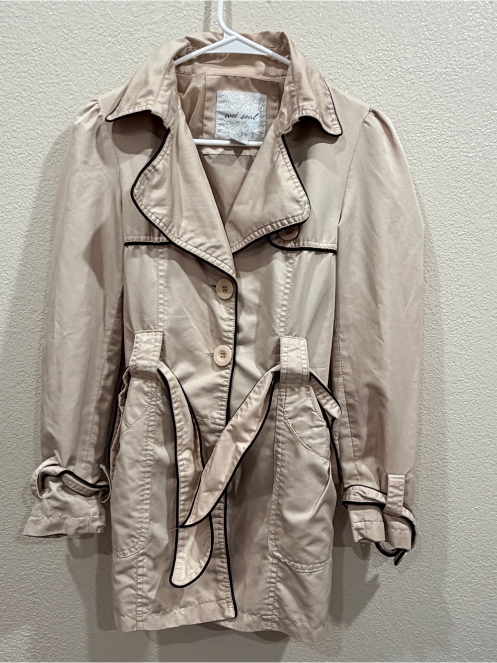 Wet Seal Beige Trench Coat with Dark Contrast Piping